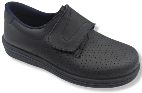 HECHO EN ESPAÑA PERCLA - Zuecos Sanitarios - Zuecos para Trabajar - Calzado de Piel - Anatomico -Tallas del 36 al 45 (Zuecos Velcro con Agujeros Marino, Numeric_41)