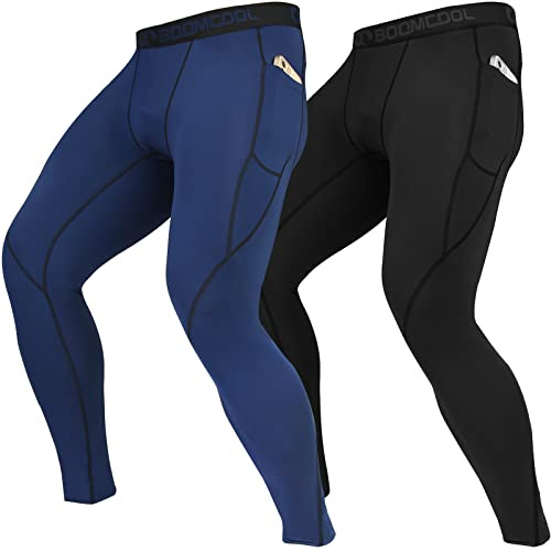 BOOMCOOL Pantalon de compression pour homme avec poches, collants de course pour homme, leggings d'entraînement sec, sous-couche de gym, pantalon de yoga athlétique, noir/bleu, Small