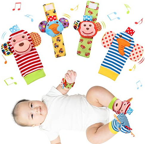 Dacitiery Baby Rattle Socks Wrist Strap Rattles Set, Newborn Foot Finder Socks & Wrist Rattles, Soft Animal Baby Rattle Toy Sensory Development Toys Gift for 0-6 Months Girls Boys Babies