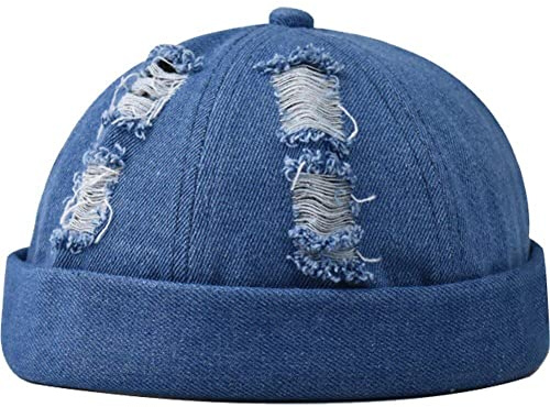 Docker keps kantlösa hattar vintage denim mössa keps inget brätte hatt justerbar rullad manschett hamn hatt skalle keps, BLÅ, M