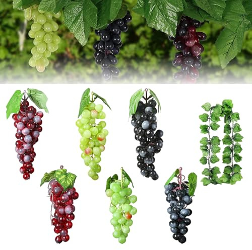 Molyorch 7 Pièces Raisins Grappe Artificiels, Raisin Artificiel et Vigne, Raisins Artificiel Réalistes, Raisins en Plastique, pour Décoration Jardin Familial, Simuler Props Fruits, Salon du Vin
