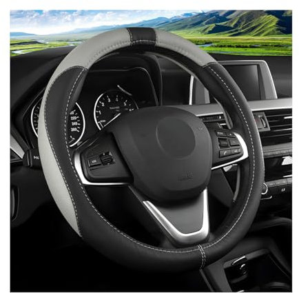 JNNJ Steering Wheel Cover, Microfibre Leather Universal, 38cm, Black/Grey