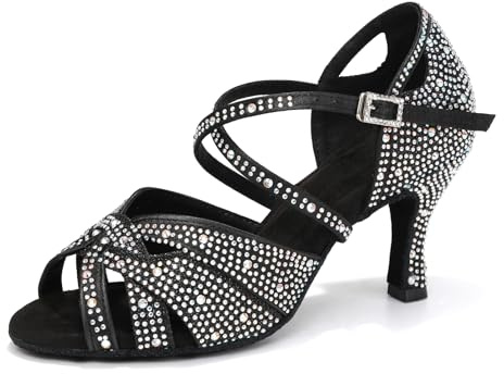 YCALCP Scarpe da Ballo Latino Americano Donna con Strass in Raso Punta Aperta Salsa Bachata Scarpe da Ballo da Sala,YCL388-Nero-7.5,EU 35