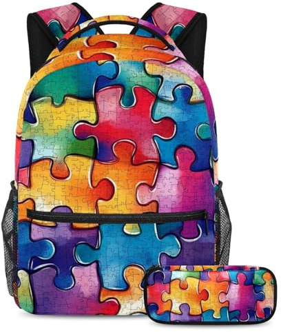 Sac à dos avec trousse à crayons, ensemble de cartables pour enfants, garçons, filles, adolescents, sac à livres de voyage pour étudiants, puzzles artistiques colorés 48, Puzzles colorés d'art, Large
