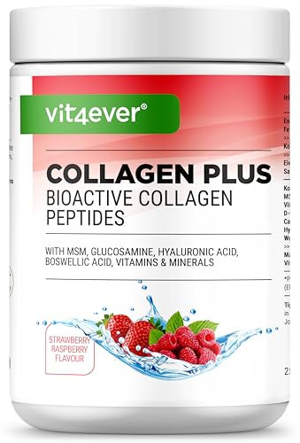 Collagen Plus - 500 g Pulver mit MSM, Glucosamin HCL, Hyaluronsäure, Weihrauch Extrakt - 100% bioaktives Kollagen Hydrolysat Peptide - Kollagen Typ 1, 2 & 3 - Himbeere Erdbeer Geschmack