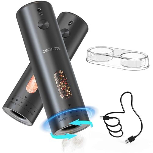 CIRCLE JOY Set Macina Sale e Pepe Elettrici Ricaricabili Macinaspezie con Base, Contenitore da 110ml, Luce LED Bianca e Ruvidità Regolabile Esterna, Nero