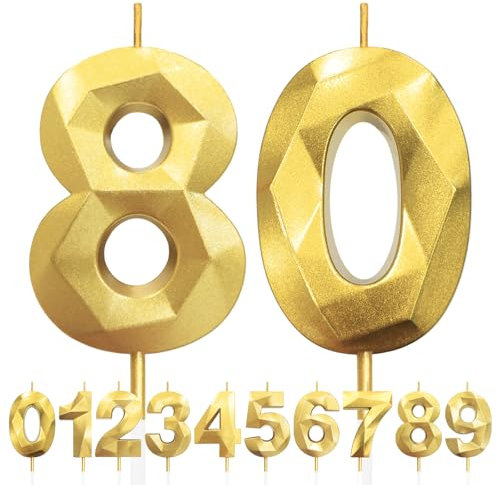 Bougies d'anniversaire pour 80 ans, Numéro d'anniversaire Bougies Doré, 3D Bougies de Gâteau D'anniversaire Décoration, Bougies D'anniversaire, Décorations de Gâteau pour Fête D'anniversaire, Mariage