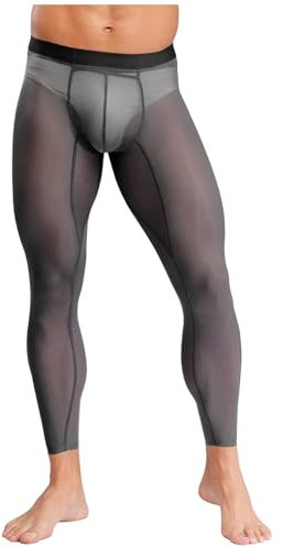 Agoky Herren Durchsichtige Lange Unterhosen mit Weichbund Mesh Hose Bulge Beutel Strumpfhose ohne Fuß Sport Leggings Tights Kompressionshose Schwarz L