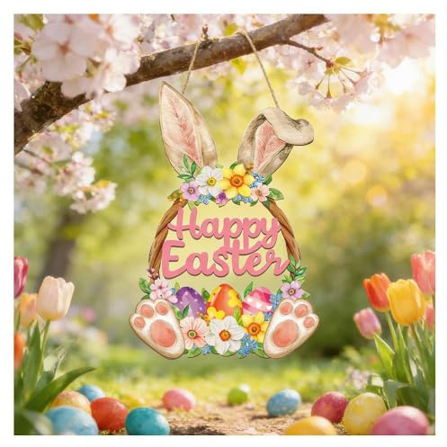 Happy Easter Door Sign Plaque Easter Egg Bunny Welcome Wreath Easter Hanging Wooden Door Decorations with Bow for Easter Shop Home Garden Spring Decor (Rabbit)