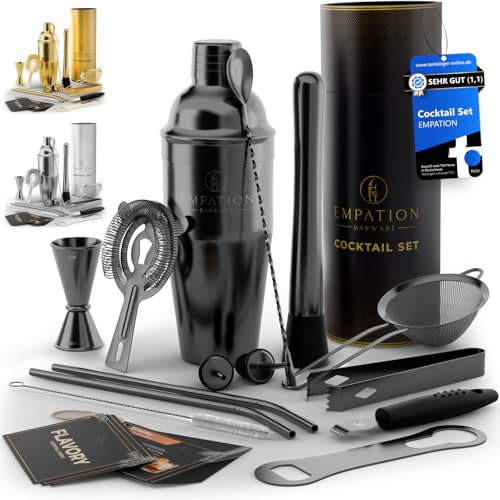 EMPATION Cocktail Shaker svart, 14-delat cocktailset med 825 ml Boston Shaker, cocktailtillbehör inkl. Receptkort, cocktailtillverkning kit för nybörjare och proffs, cocktail shaker set