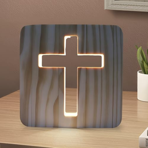 GOEDCH Jesus Croce Luce notturna a LED, 3D, con intaglio in legno, luce calda, piccola lampada da tavolo per camera, croce 3D, mini luce notturna religiosa, regali di Pasqua, decorazioni illuminate