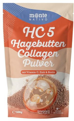 HC5 Poudre de Collagène à l’Églantier Monte Nativo (500g) – Avec Collagène, Vitamine C, Zinc et Biotine – Pour la Peau, les Cheveux, les Ongles et le Système Immunitaire – Super-aliment sans Additifs