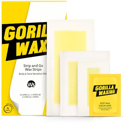 Gorilla Waxing Korean Strip & Go Wax Strips Kit, 28 Multi-Size Sugaring Wax Strips + 4 Calming Serum Wipes, Ready-to-Use Hair Removal for Face & Body, Suitable for Sensitive Skin, Korean Skin Care