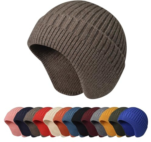 Enwokran Vintermössa herr med öronlappar, varm beanie stickad mössa, mjuk grovstickad mössa vintermössa, andningsbar mjuk sportmössa för män och kvinnor, utomhus, kaffe, one size