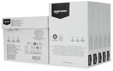 Amazon Basics Carta per fotocopie 100% riciclata, formato A4, 80 g/m², 2500 fogli (5 risme), colore: bianco naturale