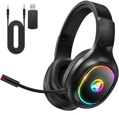 Awinnasey PH1 2.4GHz Wireless Gaming Headset for PS5, PS4, PC, Switch, Bluetooth Headset with 3.5mm Jack, Wireless Gaming Headphones with Microphone, 7.1 Stereo Sound, Low Latency, Black, PRO