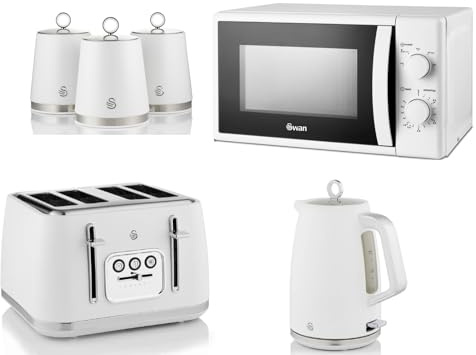 Swan Serenity White 1.7L 3KW Kettle, 4 Slice Toaster, Canisters and 20L 700W Microwave SM4420WHT. Contemporary Design Matching Kitchen Set of 6 in Matt White Finish