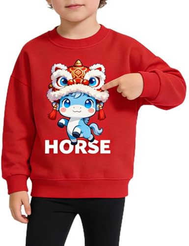 Momkonzz Chinese New Year 2026 Boys Sweatshirts for Kids Year of The Horse Sweater Toddler Spring Festival Pullover Red 3 Years