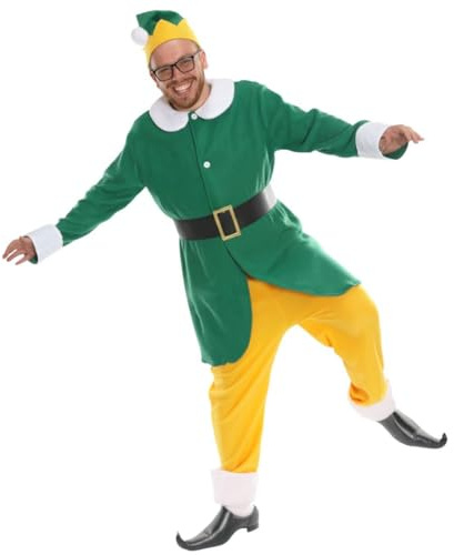 Mens Friendly Elf Christmas Costume Outfit - XL/XXL - Green & White Tunic, Yellow Trousers and Green & Yellow Hat - Adults Festive Xmas Movie Fancy Dress Costume