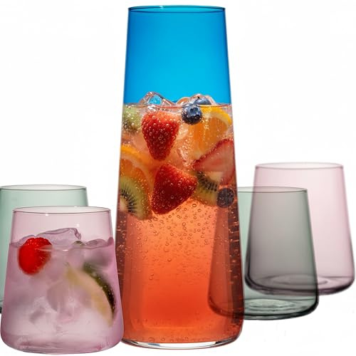 IMPERIAL Glaskaraff med glas – blå vattenkaraff set med 4 färgade dricksglas av Crystalline glas, 5 delar 1250 ml/460 ml