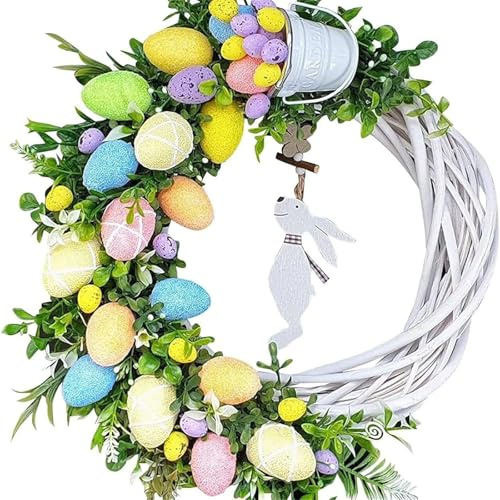 40cm Easter Wreath for Front Door,Easter Decorating Rattan Circle Wreaths,Ornaments Cute Bunny Shape Decorations,Easter Egg Wreath Artificial Flower Wreath Front (35x40cm,Hanging Rabbit Wreath)