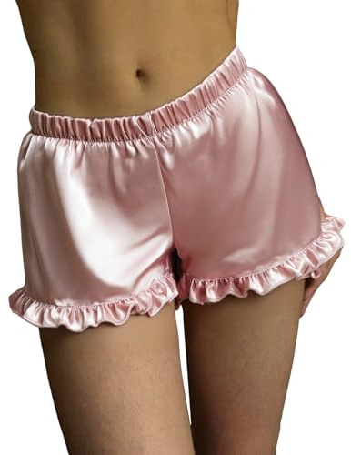 Women Silk Satin Boxer Shorts Elastic Waist Y2k Lace Trim Mini Shorts Lounge Slip Pj Bottoms French Knickers(Frilly Pink,L)