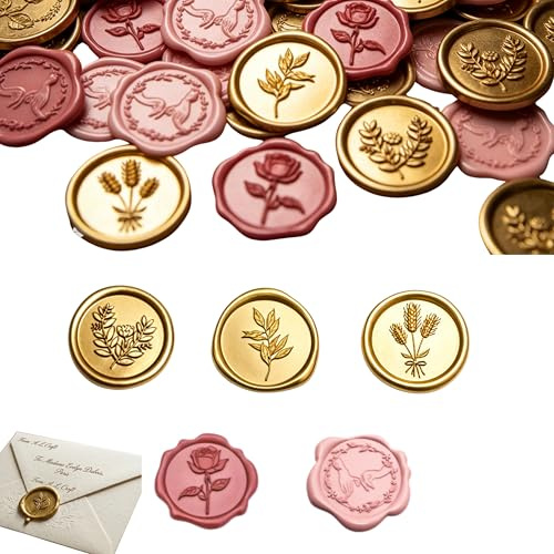 50 pièces Autocollants de sceau en cire autocollants - Ensemble de designs floraux élégants en or, rose et rose pâle - Tampons de sceau en cire vintage pour invitations de mariage, enveloppes