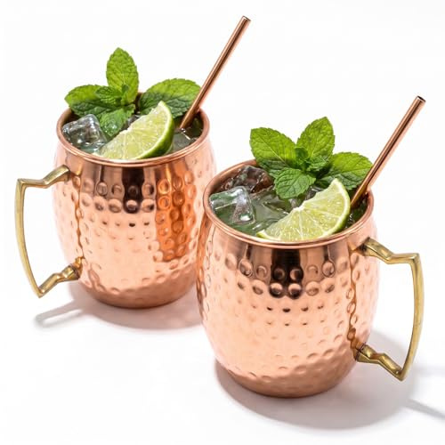 2er Set 99,99 % Reiner Kupferbecher für Moscow Mule, Nahtlos, Dickwandig, Gehämmerte Oberfläche mit Messinggriff, Handgefertigt für Cocktails, Bier, Klassischer Barbecher für Zuhause und Partys