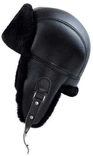 Derisitesi Herr skjuvning fårskinn läder flygare rysk Ushanka fälla vinter pälsmössa svart, Svart, one size
