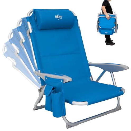 #WEJOY 4-Position Adjustable Beach Chair for Adults, Folding Low Beach Chair Lightweight & Portable, High Back Pillow Pocket Outdoor Garden Reclining Camping Beach, Blue