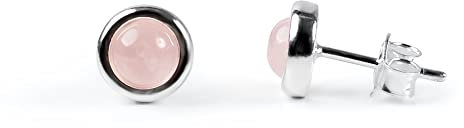 HENRYKA 925 Silver Silver Rose Quartz Studs | Round Stud Earrings | Elegant & Simple Pink Fashion Accessory | Gemstone & Birthstone Jewellery Gift for Girls & Women