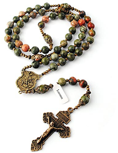 Luomu 8mm Natural Unakite Stone Beads Rosary with Caps Miraculous Medal St Michael and Pardon Crucifix (Unakite)
