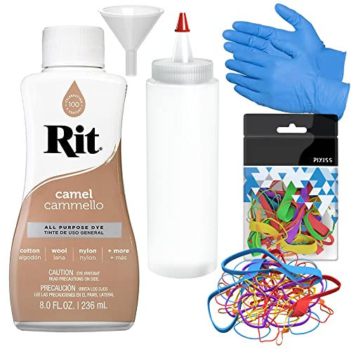 Rit Dye Liquid Camel All-Purpose Dye (8oz) - Pixiss Tie Dye Kit and Accessories Set Bundle with Rubber Bands, Gloves, Funnel and Squeeze Bottle - Tie Dye Party Supplies