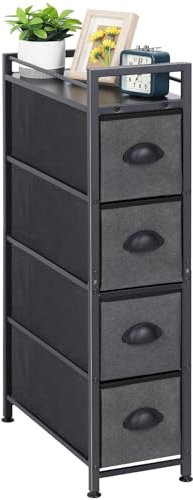 LIANTRAL Vertical Slim Chest of Drawers with 4 Fabric Drawers, Fabric Chest of Drawers Storage Tower Large Capacity Dresser for Bedroom Living Room Bathroom Entrance Narrow Space, Black and Dark Grey