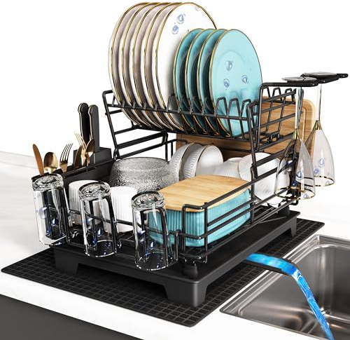 BOOSINY 2 Tier Black Large Stainless Steel Dish Drainers Drying Rack for Kitchen Counter with Drainboard, Rust Proof Metal, Space Saving, Modern Aesthetic, Compact Plates Strainers with Extra Mat