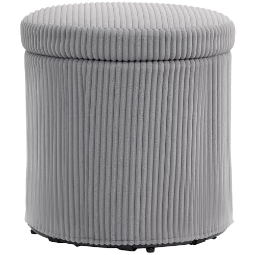 HOMCOM Puff Almacenaje Baúl de Almacenaje Redondo Tapizado en Pana Asiento Acolchado Tapa Extraíble para Pasillo Dormitorio Salón Ø40x41 cm Gris Claro