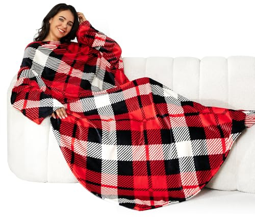 Winthome Blanket with Sleeves, Gift for Women Men Adult, Soft and Cozy Wearable Blanket with Elastic Cuffs, Hook and Loop Fastener (Red Plaid, 140x180cm)