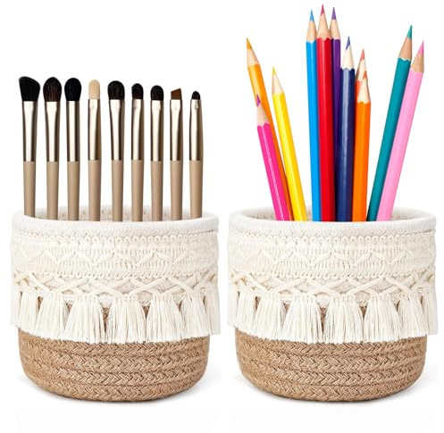 CHENGCKJ 2 soportes para pinceles de cosméticos, cestas de almacenamiento de 10 cm x 10 cm, contenedor de pinceles de maquillaje, organizador de escritorio, con borlas, cesta trenzada para pinceles de
