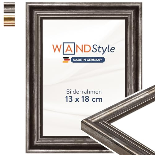 WANDStyle Bilderrahmen 13x18 Vintage, Bilderrahmen Silber Holz, hochwertiger Holzbilderrahmen Antik, Posterrahmen zum Aufhängen und Aufstellen, Rahmen 18x13 cm, Fotorahmen H400 - Made in Germany