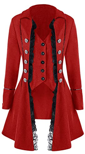 Duohropke Veste Renaissance Steampunk pour femme - Manteau gothique médiéval avec dentelle - Pirate victorien - Jupe de marche irrégulière à double boutonnage - Carnaval - Rave - Costume de carnaval