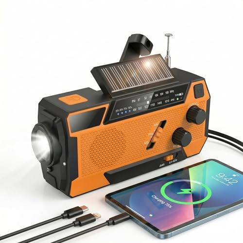 RADIO EMERGENZA MANOVELLA SOLARE AM/FM POWERBANK 2000mAh CAVI INTEGRATI USB-C MICRO LIGHTNING TORCIA LED ALLARME SOS BLACKOUT KIT SOPRAVVIVENZA