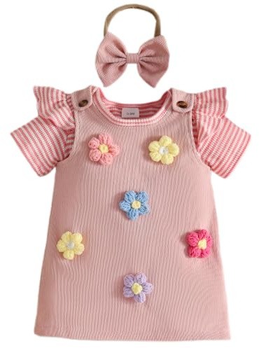 eqenkely Vestiti Neonato Femmina Top a Righe/Tinta Unita Manica Corta Volant + Bretella Gonna Abito Estate Abiti Completo Bimba Rosa 3-6 mesi