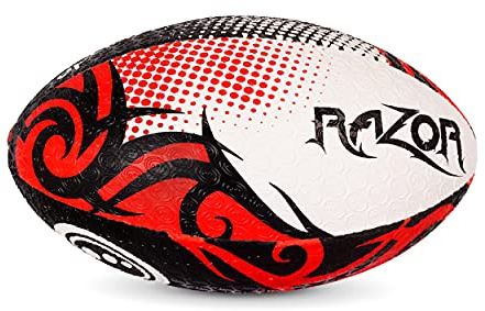 Optimum Razor - Palla da rugby, perfetta per allenamento e gameplay, ottimo volo e ritenzione d'aria, superficie zigrinata in gomma per una presa ottimale, 2 strati, 410 g, colore: nero/rosso, misura