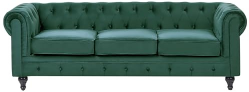 Beliani Sofá Chesterfield tapizado en Tela de Terciopelo Verde Patas de Madera Oscura 3 plazas Estilo clásico Chesterfield