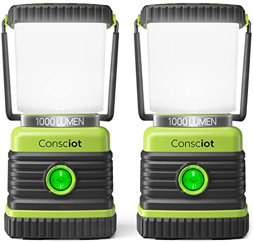 Lot de 2 lanternes de camping Consciot alimentées par piles avec 1000 lm, 4 modes d'éclairage, lampes de tente résistantes à l'eau, lampe de poche portable pour panne de courant, urgence, ouragan,