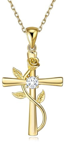 BlingGem Collier pour Femme Croix Rose Argent 925/1000 Plaqué Or Oxyde de Zirconium Rose Fleur Pendentif Collier Fille Cadeau pour Femme 48cm