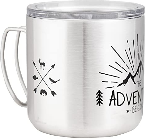 MUGSY Taza de acero inoxidable, diseño de The Adventure Begins, con tapa extraíble, irrompible, 330 ml, color plateado