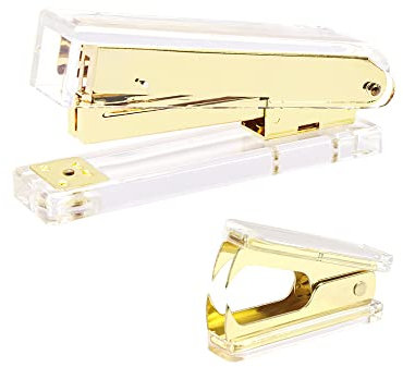 Clear Acrylic Body Bright Yellow Gold Tone Office Stapler N Staples Remover Set Desktop Executive Stapling Tool