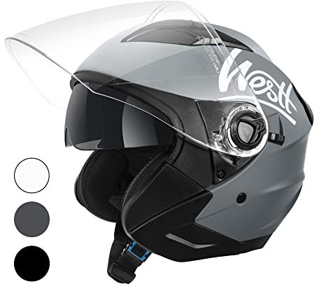 Westt Jethelm mit Visier und Sonnenblende Motorradhelm Herren Damen Rollerhelm Mopedhelm Mofa Chopper Helm Motorrad Halbhelm Open-Face-Helm Pilotenhelm ECE DOT Zertifiziert
