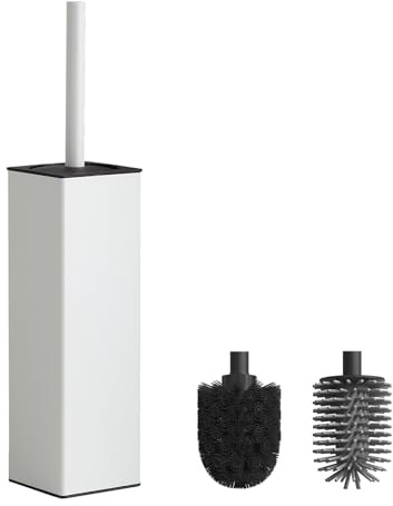 BVL WC Bürsten & Halter Weiß, Metall Toilettenbürste Inklusive 2 Bürstenköpfe, Freistehende Quadratisch Silikon Toilettenbürste für das Badezimmer